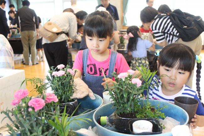 寄せ植えをする子ども